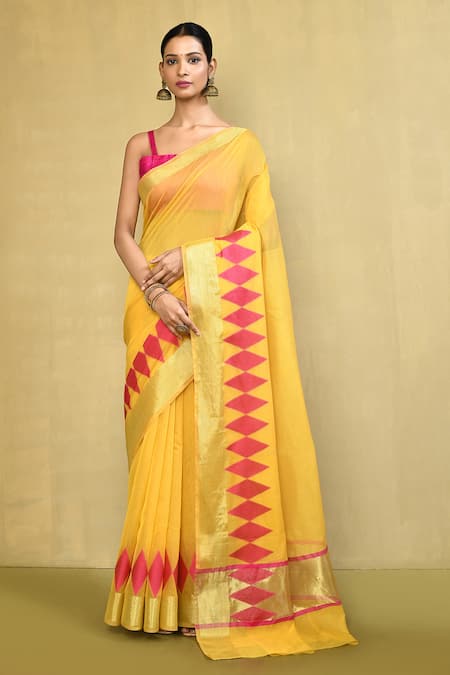 Nazaakat by Samara Singh Yellow Cotton Silk Woven Diamond Placement Saree With Running Blouse