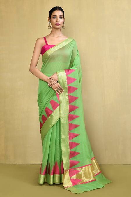 Nazaakat by Samara Singh Green Cotton Silk Woven Triangle Placement Saree With Running Blouse