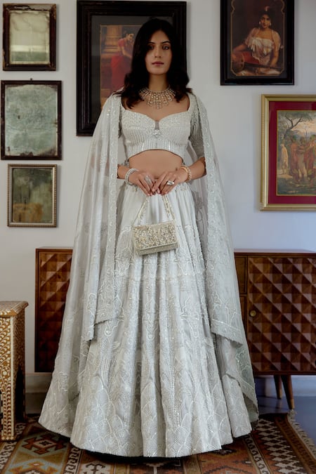 Buy Purple Net Embroidered Sequin Leaf Neck Nooraniyat Bridal Lehenga Set  For Women by Kalighata Online at Aza Fashions.