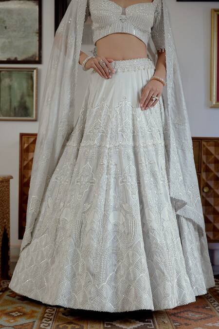 Moledro White Silk, Brocade, Tissue Pearls, Aab Floral Embroidered Bridal Lehenga Set at Aza Fashions Moledro_White Silk, Brocade, Tissue Pearls, Aab Floral Embroidered Bridal Lehenga Set _at_Aza_Fashions