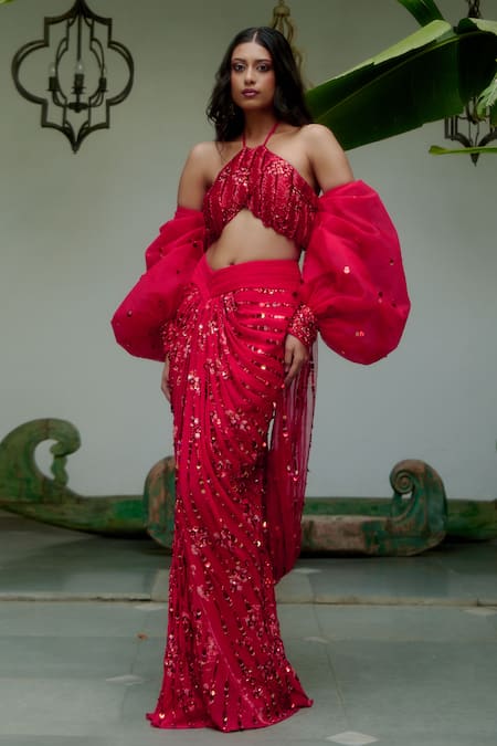 Moledro Red Net, Georgette Sequins Halter Neck Saavi Draped Skirt Set Online at Aza Fashions Moledro_Red Net, Georgette Sequins Halter Neck Saavi Draped Skirt Set_Online_at_Aza_Fashions