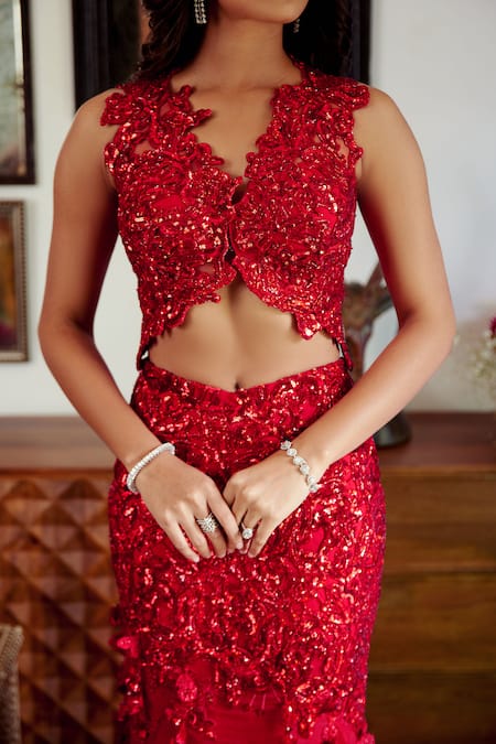 Shop_Moledro_Red Net, Organza Embroidery, Sequins, Cut Work V-neck Syrah Mermaid Lehenga Set_Online_at_Aza_Fashions