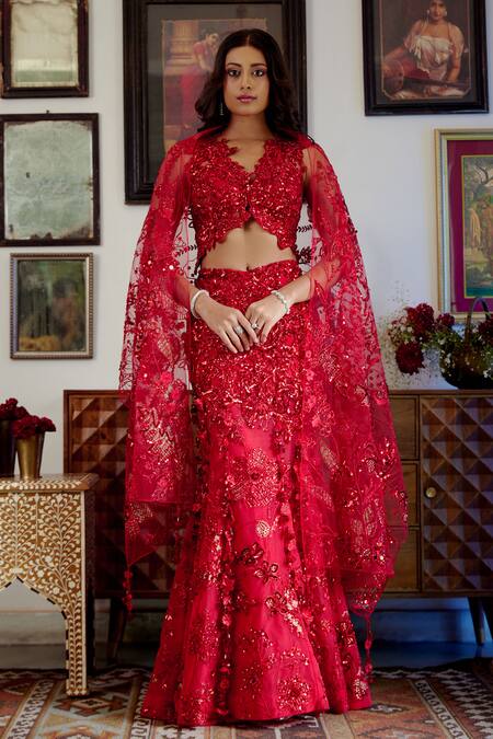 Moledro_Red Net, Organza Embroidery, Sequins, Cut Work V-neck Syrah Mermaid Lehenga Set_at_Aza_Fashions