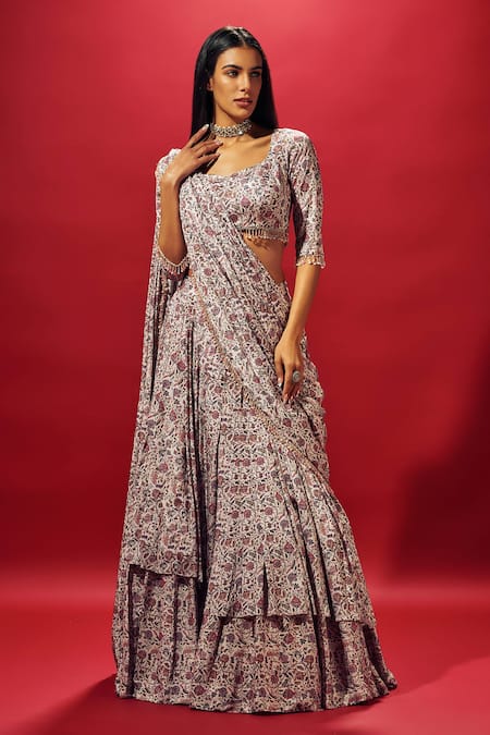 SAMMOHI BY MOKSHA AND HIRAL Ivory Crepe Silk Print Floral Scoop Pre-draped Saree With Blouse 
