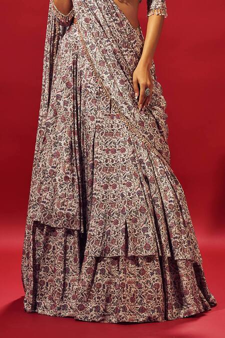 Sammohi By Moksha And Hiral_Ivory Crepe, Silk Beads Scoop Neck Pre-draped Floral Print Saree With Blouse _Online_at_Aza_Fashions