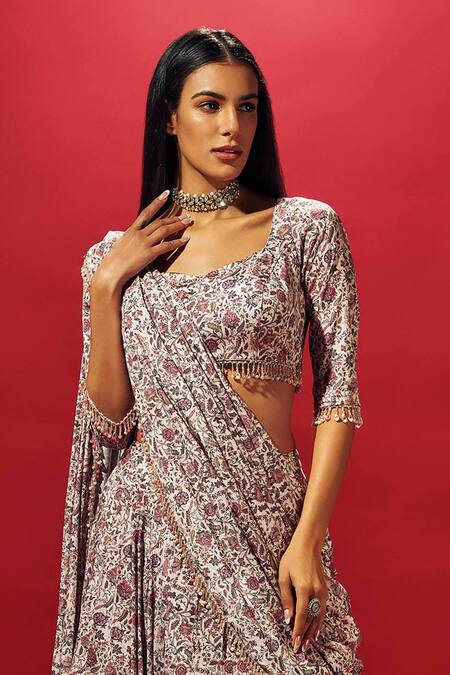Buy_Sammohi By Moksha And Hiral_Ivory Crepe, Silk Beads Scoop Neck Pre-draped Floral Print Saree With Blouse _Online_at_Aza_Fashions
