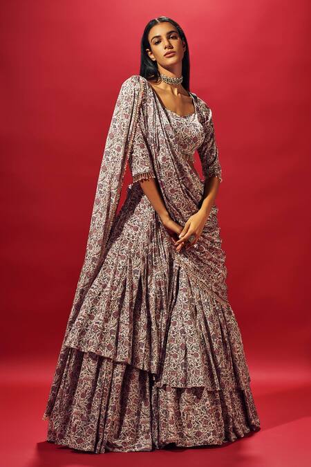 Shop_Sammohi By Moksha And Hiral_Ivory Crepe, Silk Beads Scoop Neck Pre-draped Floral Print Saree With Blouse _Online_at_Aza_Fashions