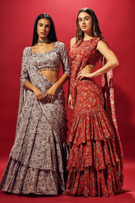 Sammohi By Moksha And Hiral_Ivory Crepe, Silk Beads Scoop Neck Pre-draped Floral Print Saree With Blouse _at_Aza_Fashions