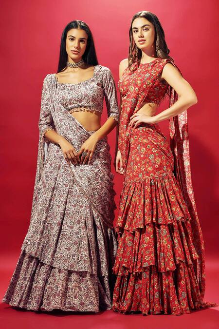 Sammohi By Moksha And Hiral Red Crepe, Silk Beads Round Pre-draped Floral Print Ruffled Saree With Blouse Online at Aza Fashions Sammohi By Moksha And Hiral_Red Crepe, Silk Beads Round Pre-draped Floral Print Ruffled Saree With Blouse _Online_at_Aza_Fashions
