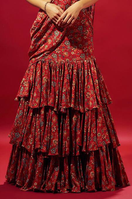 Buy Sammohi By Moksha And Hiral Red Crepe, Silk Beads Round Pre-draped Floral Print Ruffled Saree With Blouse Online at Aza Fashions Buy_Sammohi By Moksha And Hiral_Red Crepe, Silk Beads Round Pre-draped Floral Print Ruffled Saree With Blouse _Online_at_Aza_Fashions
