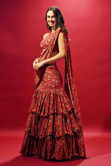 Shop Sammohi By Moksha And Hiral Red Crepe, Silk Beads Round Pre-draped Floral Print Ruffled Saree With Blouse Online at Aza Fashions Shop_Sammohi By Moksha And Hiral_Red Crepe, Silk Beads Round Pre-draped Floral Print Ruffled Saree With Blouse _Online_at_Aza_Fashions