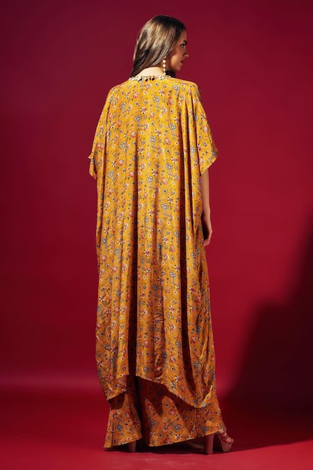 Shop Sammohi By Moksha And Hiral Yellow Crepe, Silk Beads Sweetheart Neck Floral Vine Print Cape Skirt Set at Aza Fashions Shop_Sammohi By Moksha And Hiral_Yellow Crepe, Silk Beads Sweetheart Neck Floral Vine Print Cape Skirt Set _at_Aza_Fashions
