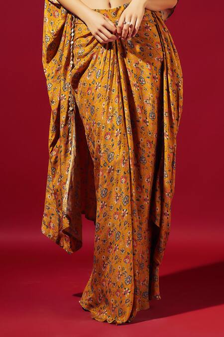 Sammohi By Moksha And Hiral Yellow Crepe, Silk Beads Sweetheart Neck Floral Vine Print Cape Skirt Set Online at Aza Fashions Sammohi By Moksha And Hiral_Yellow Crepe, Silk Beads Sweetheart Neck Floral Vine Print Cape Skirt Set _Online_at_Aza_Fashions