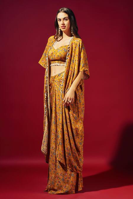 Buy Sammohi By Moksha And Hiral Yellow Crepe, Silk Beads Sweetheart Neck Floral Vine Print Cape Skirt Set Online at Aza Fashions Buy_Sammohi By Moksha And Hiral_Yellow Crepe, Silk Beads Sweetheart Neck Floral Vine Print Cape Skirt Set _Online_at_Aza_Fashions
