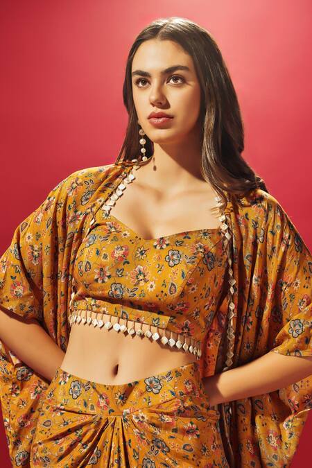 Shop Sammohi By Moksha And Hiral Yellow Crepe, Silk Beads Sweetheart Neck Floral Vine Print Cape Skirt Set Online at Aza Fashions Shop_Sammohi By Moksha And Hiral_Yellow Crepe, Silk Beads Sweetheart Neck Floral Vine Print Cape Skirt Set _Online_at_Aza_Fashions