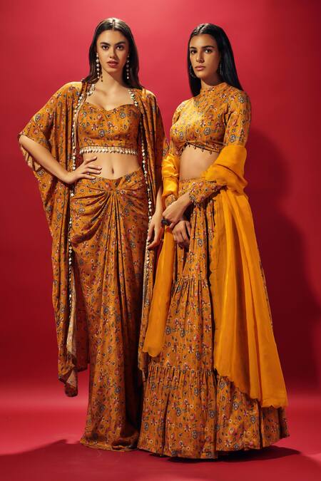 Sammohi By Moksha And Hiral Yellow Crepe, Silk Beads Sweetheart Neck Floral Vine Print Cape Skirt Set at Aza Fashions Sammohi By Moksha And Hiral_Yellow Crepe, Silk Beads Sweetheart Neck Floral Vine Print Cape Skirt Set _at_Aza_Fashions