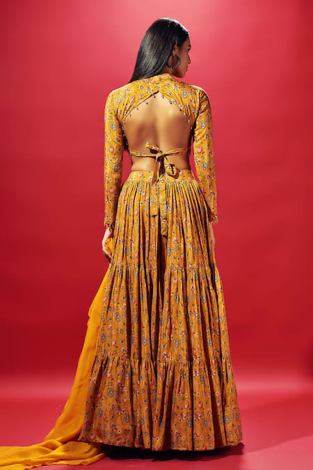 Shop Sammohi By Moksha And Hiral Yellow Crepe, Organza Beads High Neck Floral Print Tiered Lehenga Set at Aza Fashions Shop_Sammohi By Moksha And Hiral_Yellow Crepe, Organza Beads High Neck Floral Print Tiered Lehenga Set _at_Aza_Fashions