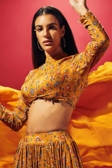 Shop Sammohi By Moksha And Hiral Yellow Crepe, Organza Beads High Neck Floral Print Tiered Lehenga Set Online at Aza Fashions Shop_Sammohi By Moksha And Hiral_Yellow Crepe, Organza Beads High Neck Floral Print Tiered Lehenga Set _Online_at_Aza_Fashions
