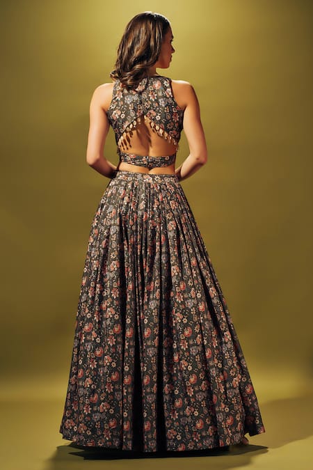 Shop Sammohi By Moksha And Hiral Green Crepe Beads V-neck Floral Print Blouse With Lehenga at Aza Fashions Shop_Sammohi By Moksha And Hiral_Green Crepe Beads V-neck Floral Print Blouse With Lehenga _at_Aza_Fashions