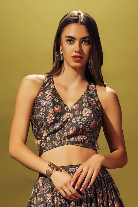 Sammohi By Moksha And Hiral Green Crepe Beads V-neck Floral Print Blouse With Lehenga Online at Aza Fashions Sammohi By Moksha And Hiral_Green Crepe Beads V-neck Floral Print Blouse With Lehenga _Online_at_Aza_Fashions