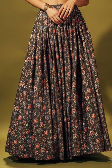 Buy Sammohi By Moksha And Hiral Green Crepe Beads V-neck Floral Print Blouse With Lehenga Online at Aza Fashions Buy_Sammohi By Moksha And Hiral_Green Crepe Beads V-neck Floral Print Blouse With Lehenga _Online_at_Aza_Fashions