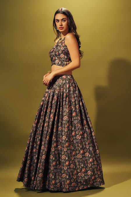 Shop Sammohi By Moksha And Hiral Green Crepe Beads V-neck Floral Print Blouse With Lehenga Online at Aza Fashions Shop_Sammohi By Moksha And Hiral_Green Crepe Beads V-neck Floral Print Blouse With Lehenga _Online_at_Aza_Fashions