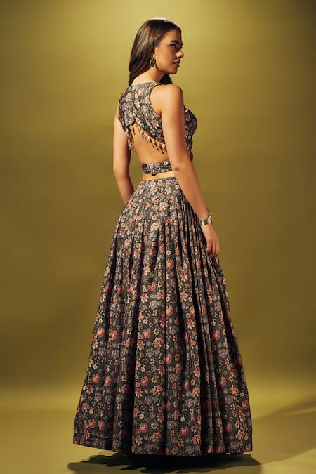 Sammohi By Moksha And Hiral Green Crepe Beads V-neck Floral Print Blouse With Lehenga at Aza Fashions Sammohi By Moksha And Hiral_Green Crepe Beads V-neck Floral Print Blouse With Lehenga _at_Aza_Fashions
