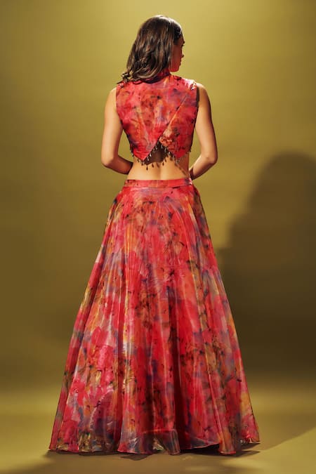 Shop Sammohi By Moksha And Hiral Multi Color Organza Beads High Water Splash Floral Print Lehenga With Blouse at Aza Fashions Shop_Sammohi By Moksha And Hiral_Multi Color Organza Beads High Water Splash Floral Print Lehenga With Blouse _at_Aza_Fashions
