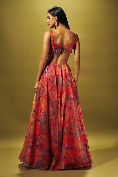 Shop Sammohi By Moksha And Hiral Multi Color Organza Beads Square Neck Water Splash Floral Print Gown at Aza Fashions Shop_Sammohi By Moksha And Hiral_Multi Color Organza Beads Square Neck Water Splash Floral Print Gown _at_Aza_Fashions