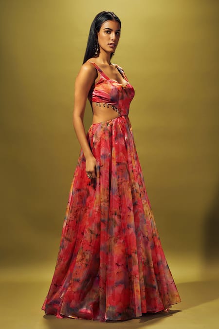 Sammohi By Moksha And Hiral Multi Color Organza Beads Square Neck Water Splash Floral Print Gown Online at Aza Fashions Sammohi By Moksha And Hiral_Multi Color Organza Beads Square Neck Water Splash Floral Print Gown _Online_at_Aza_Fashions