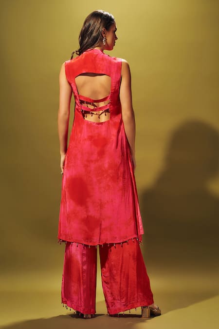 Shop Sammohi By Moksha And Hiral Pink Crepe, Silk Tassels V-neck Tie And Dye Pattern Kurta With Palazzo at Aza Fashions Shop_Sammohi By Moksha And Hiral_Pink Crepe, Silk Tassels V-neck Tie And Dye Pattern Kurta With Palazzo _at_Aza_Fashions