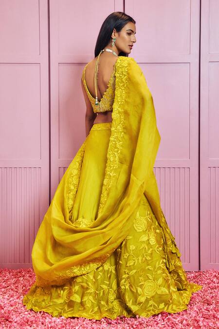 Shop Sammohi By Moksha And Hiral Yellow Silk Organza Embroidery, Cut Work V-neck Rose Vine Applique Lehenga Set at Aza Fashions Shop_Sammohi By Moksha And Hiral_Yellow Silk Organza Embroidery, Cut Work V-neck Rose Vine Applique Lehenga Set _at_Aza_Fashions