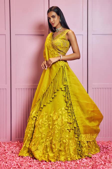 Sammohi By Moksha And Hiral Yellow Silk Organza Embroidery, Cut Work V-neck Rose Vine Applique Lehenga Set Online at Aza Fashions Sammohi By Moksha And Hiral_Yellow Silk Organza Embroidery, Cut Work V-neck Rose Vine Applique Lehenga Set _Online_at_Aza_Fashions