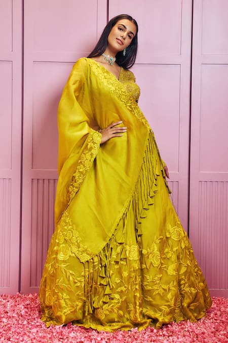 Buy Sammohi By Moksha And Hiral Yellow Silk Organza Embroidery, Cut Work V-neck Rose Vine Applique Lehenga Set Online at Aza Fashions Buy_Sammohi By Moksha And Hiral_Yellow Silk Organza Embroidery, Cut Work V-neck Rose Vine Applique Lehenga Set _Online_at_Aza_Fashions