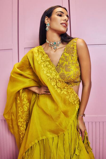 Shop Sammohi By Moksha And Hiral Yellow Silk Organza Embroidery, Cut Work V-neck Rose Vine Applique Lehenga Set Online at Aza Fashions Shop_Sammohi By Moksha And Hiral_Yellow Silk Organza Embroidery, Cut Work V-neck Rose Vine Applique Lehenga Set _Online_at_Aza_Fashions