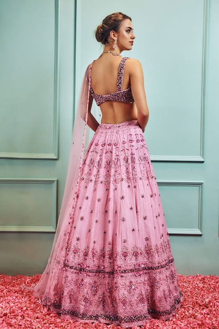 Shop Sammohi By Moksha And Hiral Pink Silk, Tulle Sequins, Crystals, Cut Work Floral Hand Embellished Lehenga Set at Aza Fashions Shop_Sammohi By Moksha And Hiral_Pink Silk, Tulle Sequins, Crystals, Cut Work Floral Hand Embellished Lehenga Set _at_Aza_Fashions