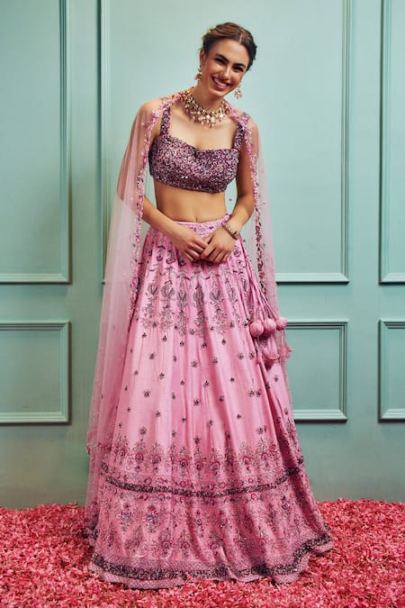 Sammohi By Moksha And Hiral Pink Silk, Tulle Sequins, Crystals, Cut Work Floral Hand Embellished Lehenga Set Online at Aza Fashions Sammohi By Moksha And Hiral_Pink Silk, Tulle Sequins, Crystals, Cut Work Floral Hand Embellished Lehenga Set _Online_at_Aza_Fashions