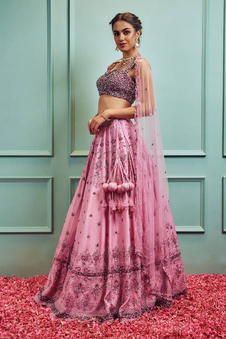 Buy Sammohi By Moksha And Hiral Pink Silk, Tulle Sequins, Crystals, Cut Work Floral Hand Embellished Lehenga Set Online at Aza Fashions Buy_Sammohi By Moksha And Hiral_Pink Silk, Tulle Sequins, Crystals, Cut Work Floral Hand Embellished Lehenga Set _Online_at_Aza_Fashions