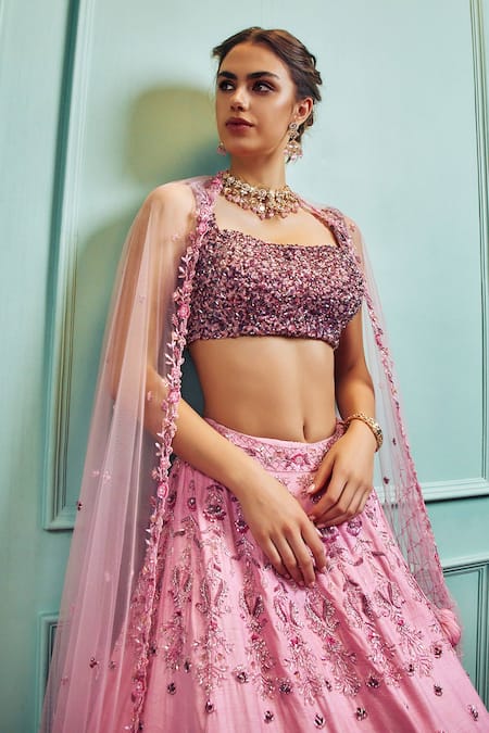 Shop Sammohi By Moksha And Hiral Pink Silk, Tulle Sequins, Crystals, Cut Work Floral Hand Embellished Lehenga Set Online at Aza Fashions Shop_Sammohi By Moksha And Hiral_Pink Silk, Tulle Sequins, Crystals, Cut Work Floral Hand Embellished Lehenga Set _Online_at_Aza_Fashions