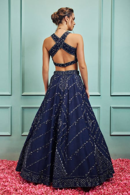 Shop Sammohi By Moksha And Hiral Blue Silk, Tulle Sequins, Crystals V-neck Hand Embroidered Lehenga Set at Aza Fashions Shop_Sammohi By Moksha And Hiral_Blue Silk, Tulle Sequins, Crystals V-neck Hand Embroidered Lehenga Set _at_Aza_Fashions