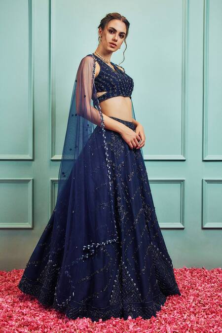 Sammohi By Moksha And Hiral Blue Silk, Tulle Sequins, Crystals V-neck Hand Embroidered Lehenga Set Online at Aza Fashions Sammohi By Moksha And Hiral_Blue Silk, Tulle Sequins, Crystals V-neck Hand Embroidered Lehenga Set _Online_at_Aza_Fashions