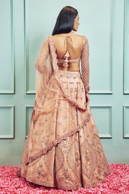 Shop Sammohi By Moksha And Hiral Beige Silk, Tulle Sequins, Crystals Scoop Neck Raw Hand Embellished Lehenga Set at Aza Fashions Shop_Sammohi By Moksha And Hiral_Beige Silk, Tulle Sequins, Crystals Scoop Neck Raw Hand Embellished Lehenga Set _at_Aza_Fashions