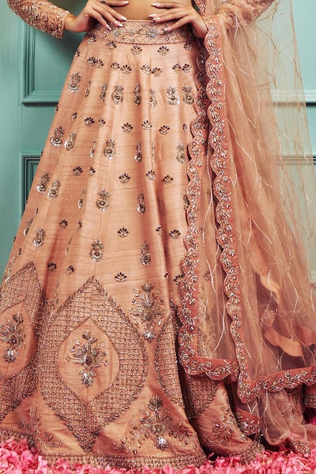 Sammohi By Moksha And Hiral Beige Silk, Tulle Sequins, Crystals Scoop Neck Raw Hand Embellished Lehenga Set Online at Aza Fashions Sammohi By Moksha And Hiral_Beige Silk, Tulle Sequins, Crystals Scoop Neck Raw Hand Embellished Lehenga Set _Online_at_Aza_Fashions