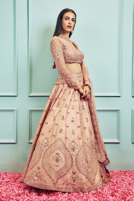 Buy Sammohi By Moksha And Hiral Beige Silk, Tulle Sequins, Crystals Scoop Neck Raw Hand Embellished Lehenga Set Online at Aza Fashions Buy_Sammohi By Moksha And Hiral_Beige Silk, Tulle Sequins, Crystals Scoop Neck Raw Hand Embellished Lehenga Set _Online_at_Aza_Fashions