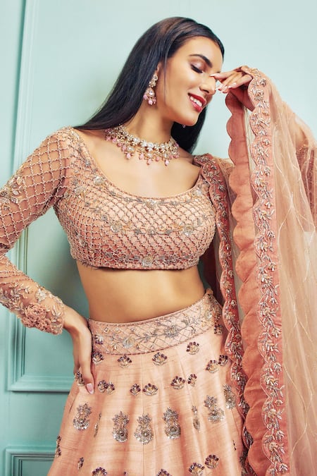 Shop Sammohi By Moksha And Hiral Beige Silk, Tulle Sequins, Crystals Scoop Neck Raw Hand Embellished Lehenga Set Online at Aza Fashions Shop_Sammohi By Moksha And Hiral_Beige Silk, Tulle Sequins, Crystals Scoop Neck Raw Hand Embellished Lehenga Set _Online_at_Aza_Fashions