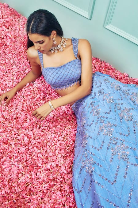 Sammohi By Moksha And Hiral Purple Leatherette, Tulle Crystals, Beads Chevron Hand Embroidered Lehenga Set at Aza Fashions Sammohi By Moksha And Hiral_Purple Leatherette, Tulle Crystals, Beads Chevron Hand Embroidered Lehenga Set _at_Aza_Fashions