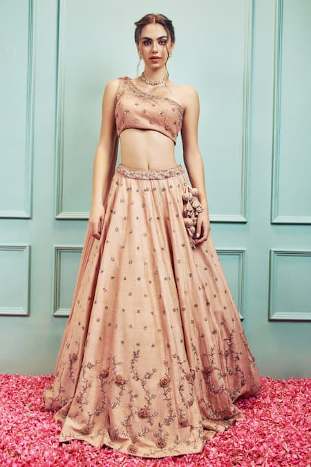 SAMMOHI BY MOKSHA AND HIRAL Beige Lehenga And Blouse Dupion Silk Hand Embroidery Floral With 