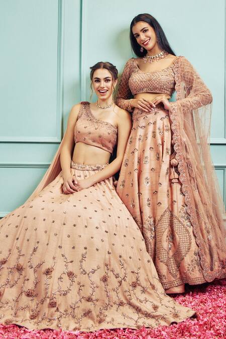 Sammohi By Moksha And Hiral_Beige Silk, Leather, Georgette Floral Hand Embroidered Lehenga With Blouse _Online_at_Aza_Fashions