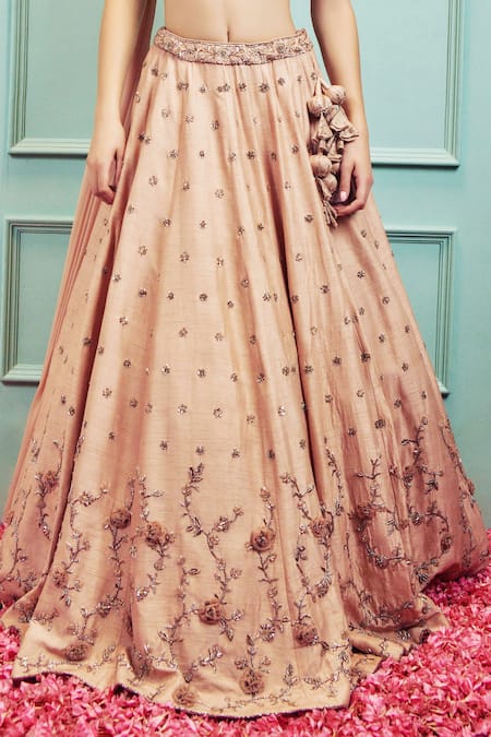 Buy_Sammohi By Moksha And Hiral_Beige Silk, Leather, Georgette Floral Hand Embroidered Lehenga With Blouse _Online_at_Aza_Fashions