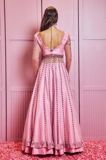 Shop Sammohi By Moksha And Hiral Pink Leather, Tulle Sequins, Crystals, Embroidery Hand Long Jacket Lehenga Set at Aza Fashions Shop_Sammohi By Moksha And Hiral_Pink Leather, Tulle Sequins, Crystals, Embroidery Hand Long Jacket Lehenga Set _at_Aza_Fashions